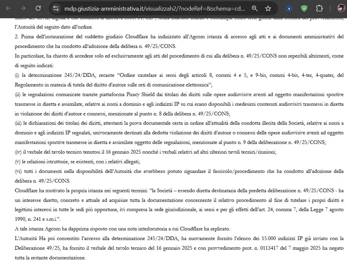 Documenti/Atti per i quali AGCOM deve fornire l'accesso a Cloudflare, previo oscuramento dei dati identificativi dei soggetti segnalatori, che hanno inserito i ticket APS - provv. 10236/2025 CDS Sez. VI del 18/12/2025

https://mdp.giustizia-amministrativa.it/visualizzah2/?nodeRef=&schema=cds&nrg=202507880&nomeFile=202510236_18.html&subDir=Provvedimenti