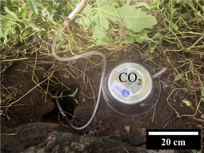 Figure 4c from Zwillich et al. (2025) in the Journal of Applied Volcanology, showing a low-cost instrument measuring diffuse soil CO2 emissions.