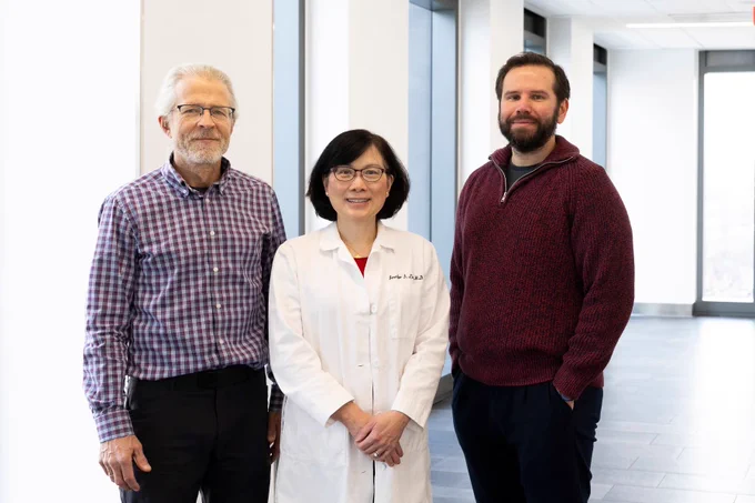 Researchers Andrius Kazlauskas (form left), Jennifer Lim and Maximilian McCann. (Photo: Jenny Fontaine/UIC)