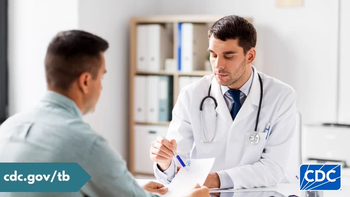 A healthcare professional and patient talking. CDC logo and the URL cdc.gov/tb are visible in the image. 