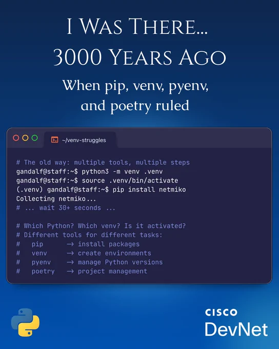 Terminal showing traditional Python setup with venv, pip install, and comments listing four different tools needed