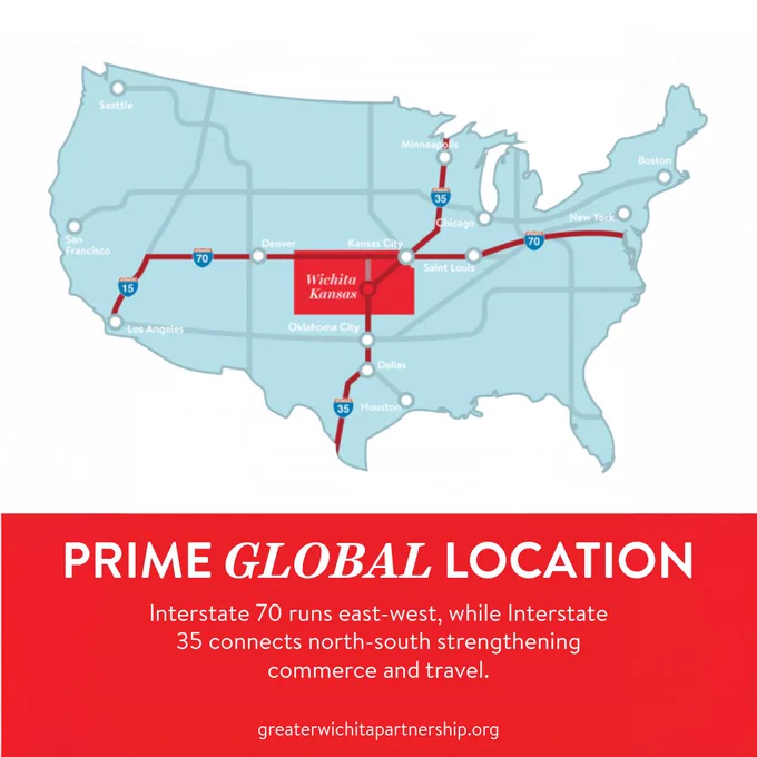 Map of the United States highlighting Interstate 70 running east-west and Interstate 35 running north-south, with major cities marked along the routes.