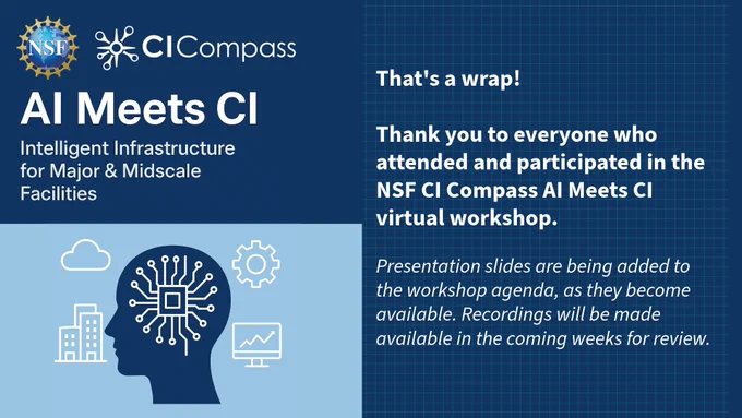 This image includes a side profile of a human head with a chip, and many connections made. Around it is a gear, computer screen, building representing organization and storage, and a cloud.The text on the image reads: NSF CI Compass - AI Meets CI: Intelligent Infrastructure for Major & Midscale Facilities 

The text reads: That's a wrap! Thank you to everyone who attended and participated in the NSF CI Compass AI Meets CI virtual workshop. Presentation slides are being added to the workshop agenda, as they become available. Recordings will be made available in the coming weeks for review.