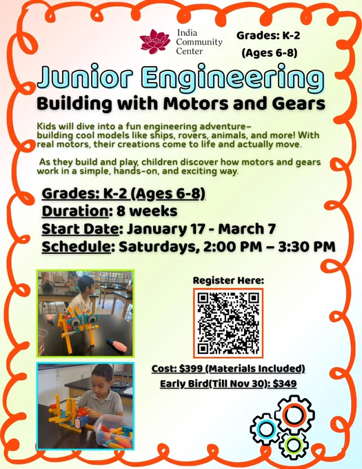 Little Builders. Big Ideas! 

Looking for an after-school program or weekend classes for kids that go beyond screens? Our Junior Engineering class is a fun and engaging enrichment program designed for young learners.

Through hands-on educational activities, children enjoy creative learning while developing problem-solving skills, confidence building, and real skill-building for kids—all in a screen-free learning environment.
Kids build moving models using motors and gears
Encourages curiosity, teamwork, and independent thinking

Jan 17 – Mar 7
Saturdays | 10:45 AM – 12:15 PM
Special discount for ICC Afterschool kids

Register now—limited spots available!