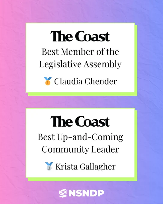 Graphic showing two awards from The Coast: Best Member of the Legislative Assembly awarded to Claudia Chender and Best Up-and-Coming Community Leader awarded to Krista Gallagher, on a pink-to-purple background with NSNDP logo.