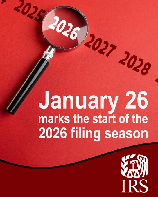 A magnifying glass sits on top of the letters: ‘2026.’ Text: ‘January 26 marks the start of the 2026 filing season.’ IRS logo also displayed.