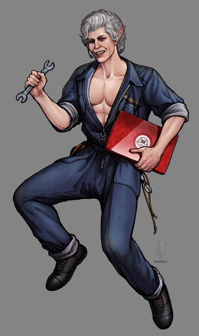 Illustration - single character against a flat grey background. Astarion from Baldur's Gate 3, wearing blue coveralls and black shoes. The coveralls are unzipped low, nearly to his navel. In his right hand is a wrench. In his left hand he carries a red laptop with a "Happy" icon.