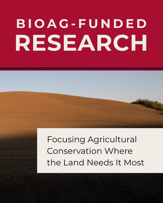 Image of Palouse hills with overlay text that says 'BIOAG -FUNDED RESEARCH Focusing Agricultural Conservation Where the Land Needs It Most' .