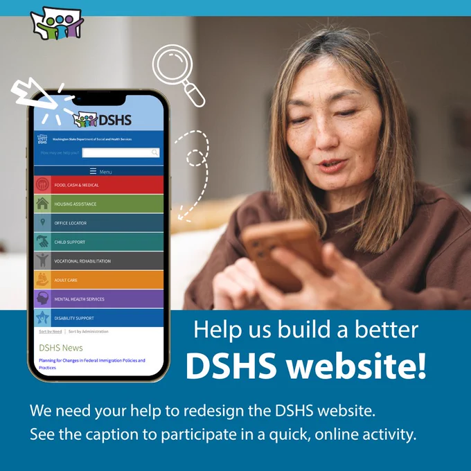 a picture of a person with long hair, looking at their phone and a mobile version of the DSHS website.