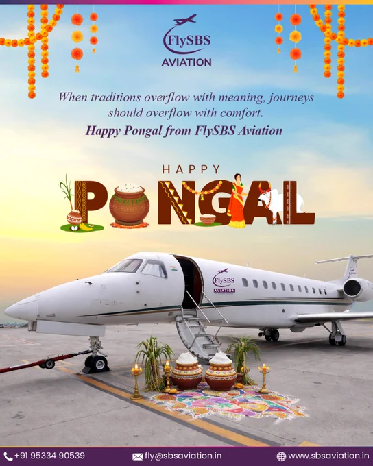 FlySBS Aviation private jet showcased with Pongal decorations and festive greeting, celebrating tradition, prosperity, and seamless private aviation.