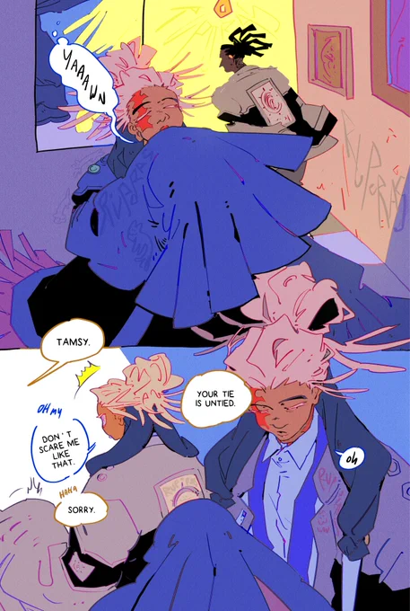 gachiakuta 2 page comic of tamsy and corvus. the comic begins with a panel close up of them walking past each other down the cleaner hq hall. tamsy lets out a long yawn and corvus in the distance can be seen turning around before he calls out, “tamsy.” tamsy startles, glancing back, “oh my- don’t scare me like that.” corvus, “haha, sorry.” he points out then, “your tie is untied.” tamsy looks down, seeing it loose around his neck, “oh.”