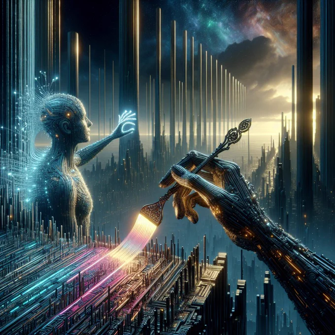 A futuristic scene where a luminous, data-like humanoid reaches out from the left as a large mechanical hand on the right paints a bright rainbow stroke across a sprawling circuit-like city beneath towering metallic spires and a star-filled sky.