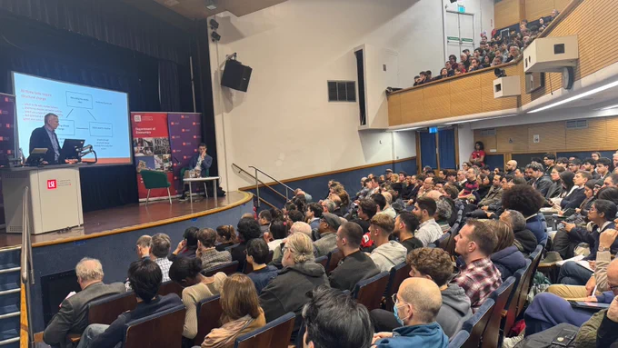 Dani Rodrik on stage in front of an LSE audience in the Old Theatre.