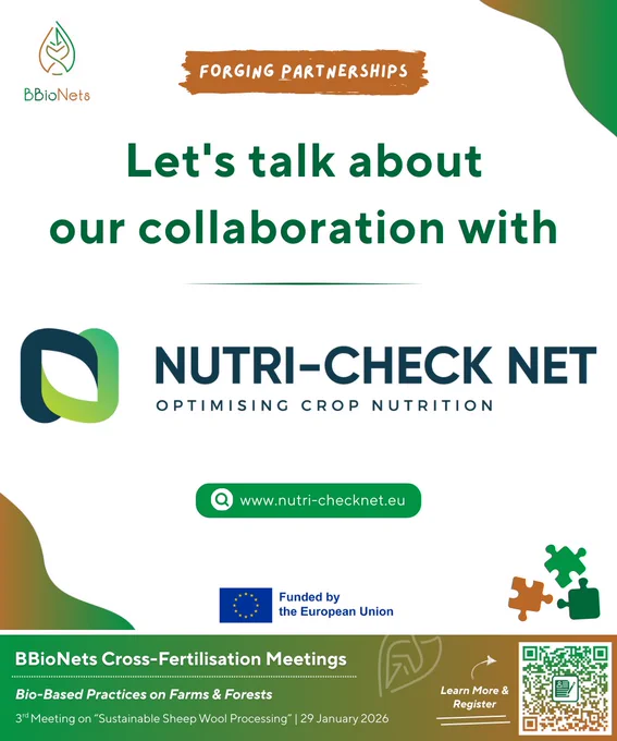 BBioNets image for its Synergies social media campaign. This one focuses on NUTRI-CHECK NET. There's also a small banner at the bottom of the image, urging stakeholders to register to the next meeting (29 Jan 26).