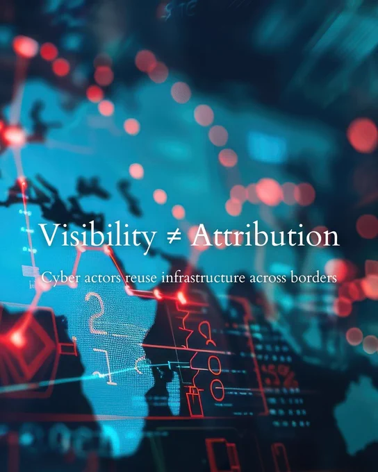 Stylized global map with digital network lines and data overlays, displaying the text “Visibility ≠ Attribution” and “Cyber actors reuse infrastructure across borders.”