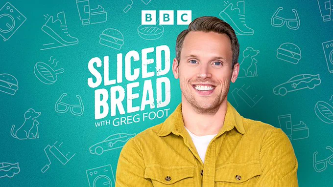 Man in a mustard yellow shirt stands in front of a teal backdrop with BBC Sliced Bread podcast logo and food and lifestyle icons.
