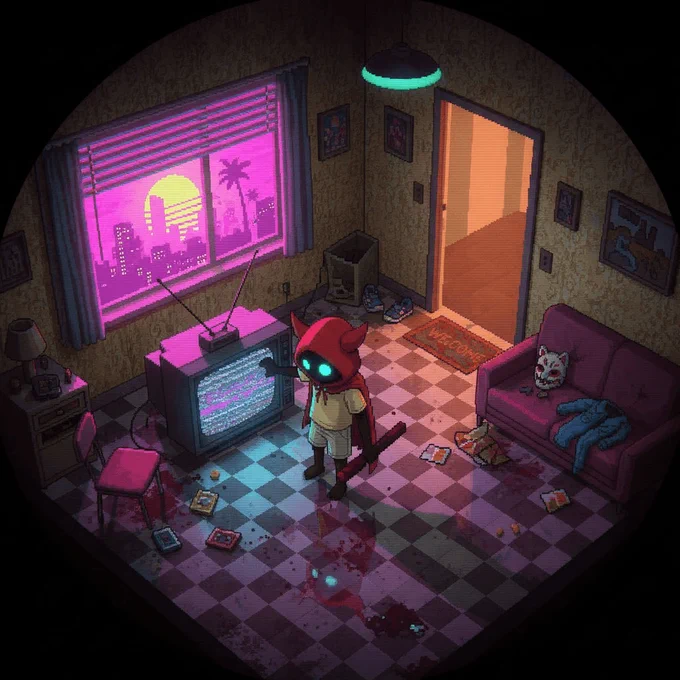 Hotline Miami inspired pixel art, the character in a gritty, neon-washed apartment at sunrise, reflecting city lights, hazy atmosphere, bold colors, slightly distorted perspective, stylized violence aesthetic, unsettling morning after.
