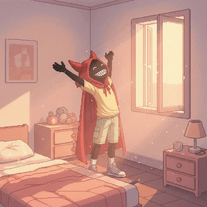 pixel art, the character stretching near an open window at dawn, soft volumetric sun rays, messy hair, cozy bedroom, floating dust particles, 16-bit aesthetic, warm pastel colors, high quality pixelwork.