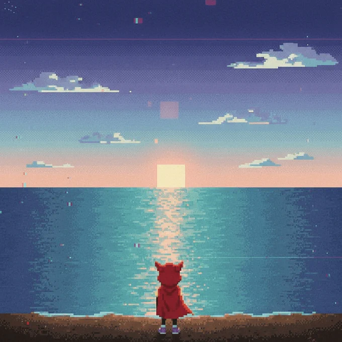 minimalist low-res pixel art, the character looking at the sunrise over a calm ocean, reflection on the water, simple color palette, wide shot, nostalgic feel, tranquil morning breeze.