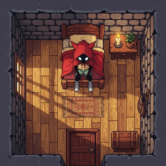 top-down pixel art RPG scene, the character waking up in a small, rustic village inn, warm glow from a window, early morning fog lifting, classic SNES JRPG aesthetic, detailed tiled environment, nostalgic and humble start to a new day.