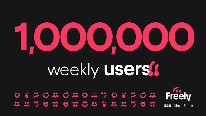 1 million weekly users in big red and white font, followed by two exclamation marks. At the bottom of the image there are different smiley face icons, next to Freely's logo and logos from the BBC, ITV, Channel 4 and 5.