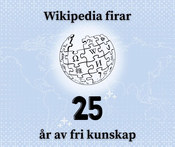 En bild med ljusblå bakgrund och en världskarta i bakgrunden. I förgrunden Wikipedias logga och texten "Wikipedia firar 25 år av fri kunskap".