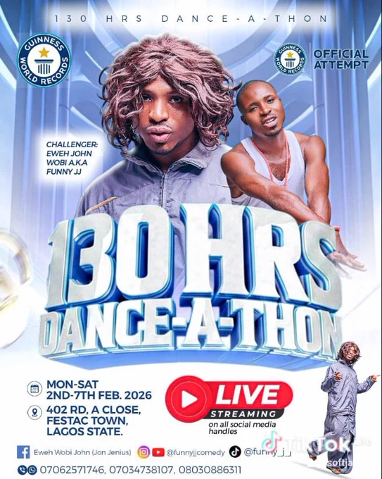 HISTORY IN THE MAKING! 🔥130 HOURS NON-STOP DANCE 🕺🏾💃🏾A GUINNESS WORLD RECORD ATTEMPT 🏆🌍The FIRST of its kind in history!📍 Lagos, Nigeria 🇳🇬📺 LIVE on all platforms❤️ Support the dream🔁