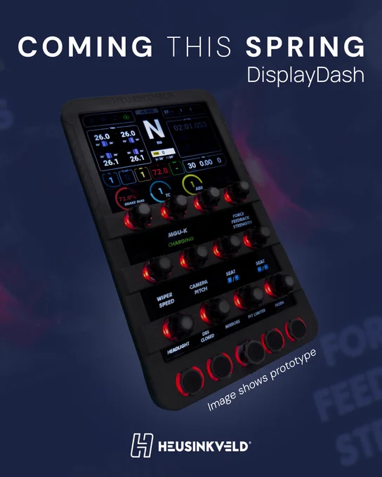 The image shows a prototype of a DisplayDash device, a dashboard interface with various digital gauges, controls, and indicators.