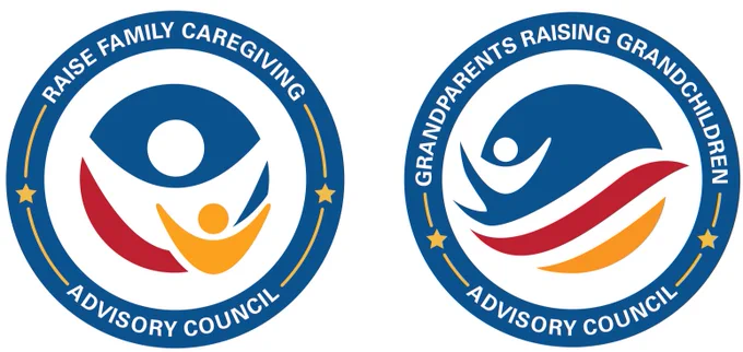 Two circular logos side by side. Left: RAISE Family Caregiving Advisory Council logo with abstract figures in blue, red, and yellow. Right: Grandparents Raising Grandchildren Advisory Council logo with a stylized figure and blue, red, and yellow flowing shapes.