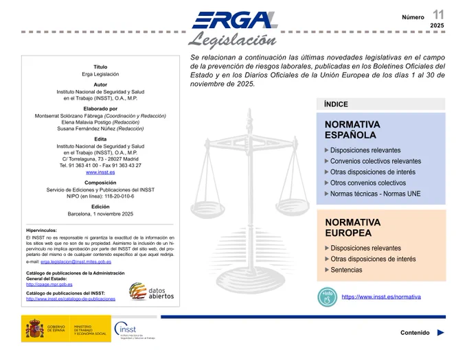 Portada del boletín "ERGA Legislación" número 11 de 2025 sobre prevención de riesgos laborales con secciones de normativa española y europea.