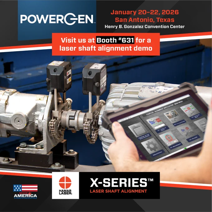 Conference announcement graphic: ‘See Us at PowerGen 2026 – Booth #631 | San Antonio, TX | January 20-22’. Background shows alignment of pump and motor equipment. X-Series and Hamar Laser logos included.
