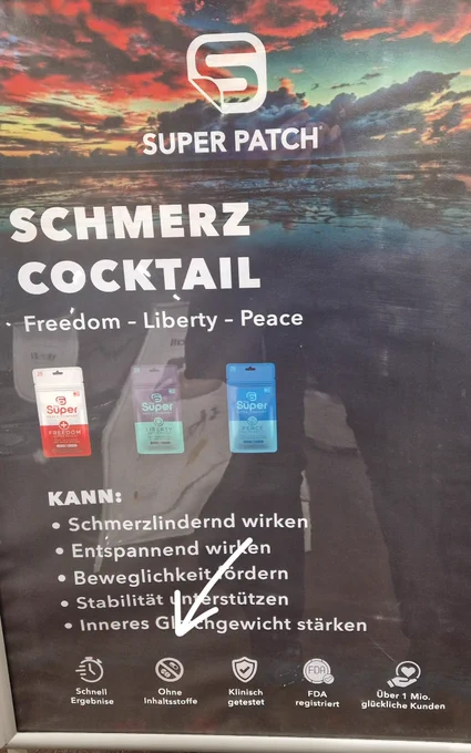 Werbung für Super Patch Schmerz Cocktail mit Kann-Claims zur Gesundheit. 