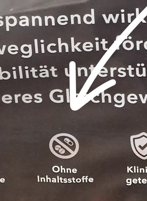 Heraus vergrößert :Keine Inhaltsstoffe, dazu Icon mit durchgestrichenen Tabletten 