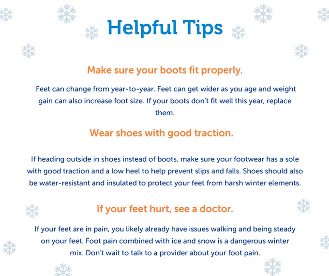 Tips for winter foot care emphasizing proper boot fit, good shoe traction, and consulting a doctor if feet hurt.