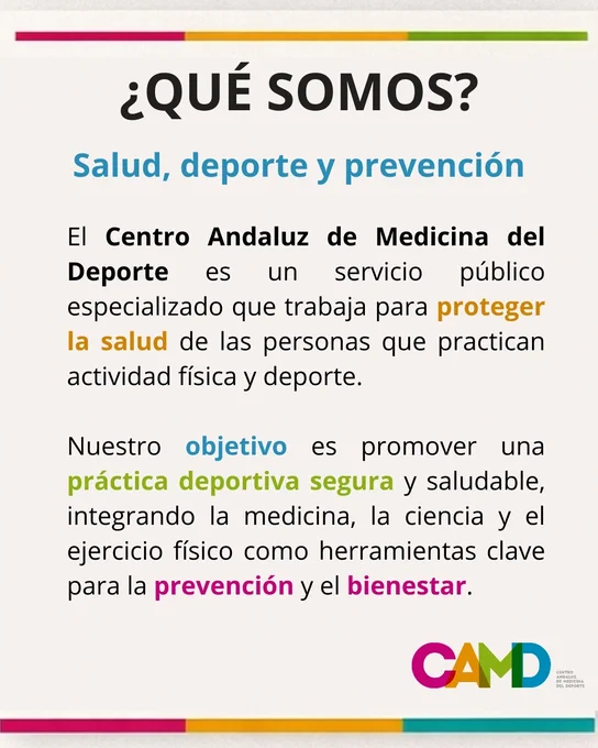 🔹En el #CAMD trabajamos por el desarrollo profesional, social y humano 🤝 impulsando el conocimiento, la colaboración y el compromiso con la sociedad, protegiendo a las personas que practican actividad física y #deporte en Andalucía. #prevención #medicinadeldeporte #bienestar 