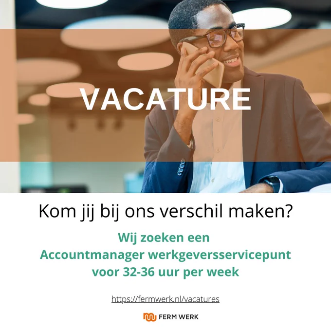 Vacature. Kom jij bij ons verschil maken? Wij zoeken een Accountmanager werkgeversservicepunt voor 32-36 uur per week. https://fermwerk.nl/vacatures