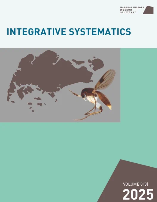 The cover of Vol. 8 (3), featuring an outline of the island of Singapore and the striking, newly-described fungus gnat Integricypta fergusondavie gen. et sp. nov.