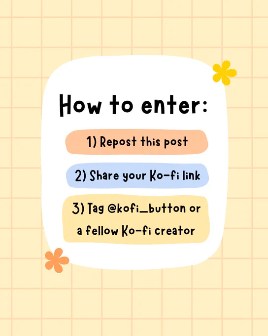 How to enter. Repost this post. Share your Kofi link. Tag @kofi_button or tag a fellow Kofi creator.