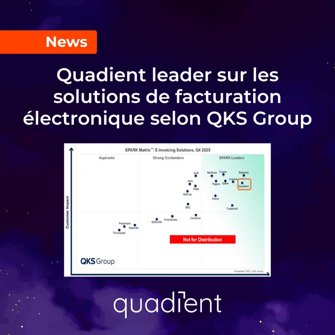 Quadient reconnue Leader dans la SPARK Matrix™ de QKS Group dédiée aux solutions de facturation électronique
QKS Group positionne Quadient parmi les acteurs les plus performants en matière d’excellence technologique, de conformité réglementaire et d’impact sur les entreprises