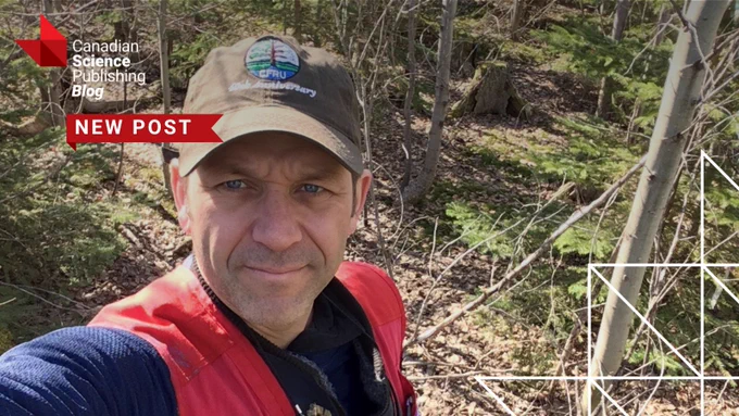 Person in outdoor gear taking a selfie in a forest with trees and sunlight filtering through promoting new Canadian Science Publishing Blog post