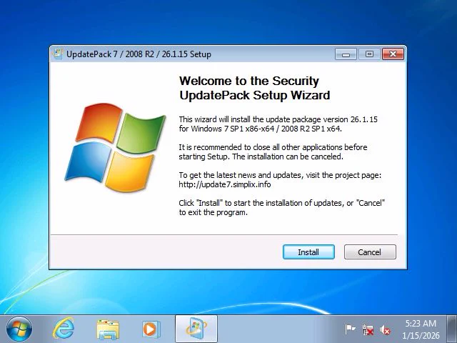 Screenshot showing the UpdatePack 7 installer running in Windows 7.