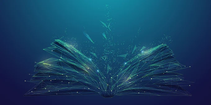 Open book with glowing digital lines and particles rising from its pages against a dark blue background.