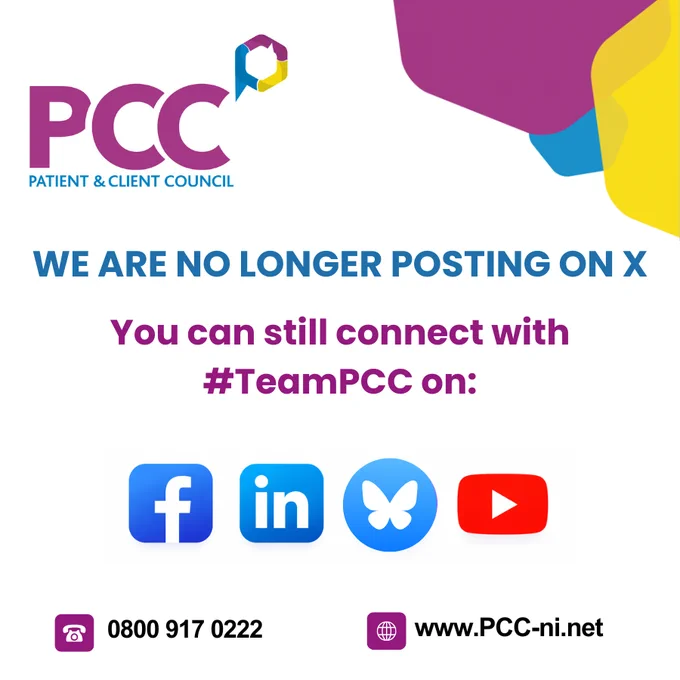 PCC is no longer posting on X. You can still connect with #TeamPCC on the following social media platforms: Facebook, LinkedIn, Bluesky & YouTube. Tel 0800 917 0222 / www.pcc-ni.net / Email: info@pcc-ni.net 
