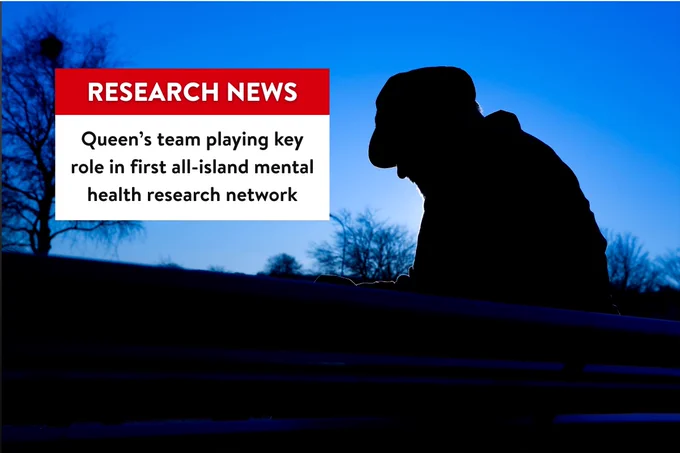 Image shows a person sitting on a bench under a darkening blue sky. On the top left-hand side is a red and white box containing text that reads:
RESEARCH NEWS
Queen’s team playing key role in first all-island mental health research network