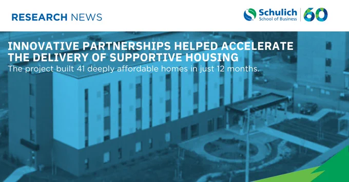 Cover of Schulich paper on the YWKW supportive housing project. Title on graphic is: "Innovative partnerships helped accelerate the delivery of supportive housing.

This project build 41 deeply affordable homes in just 12 months."

Image is an aerial view of the YWKW building with a blue gradient overtop. 