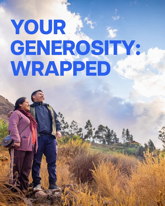 Two people standing in a field under a clear blue sky with the text 'YOUR GENEROSITY: WRAPPED' overlaid at the top.