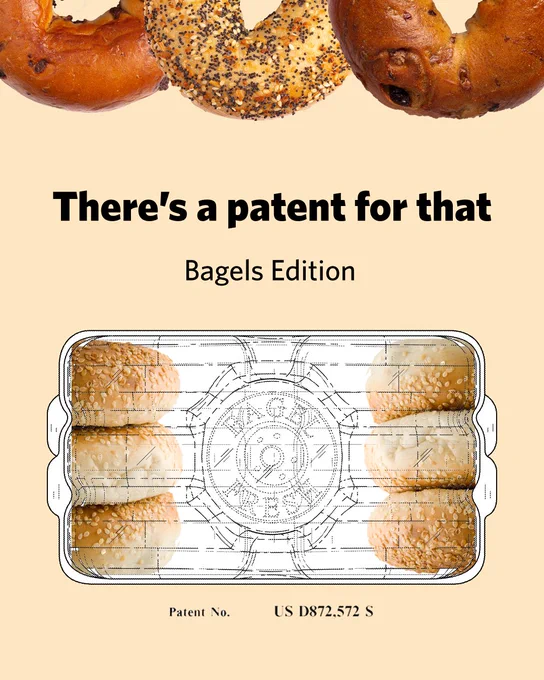 Graphic for National Bagel Day. Shows three bagels on the top of the graphic above the text: "There's a patent for that" and "Bagels Edition". Below is an illustration of a "Bagel Fresh" container.