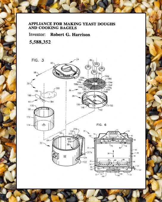 Patent diagram for the "appliance for making yeast doughs and cooking bagels". Inventor: Robert G. Harrison.