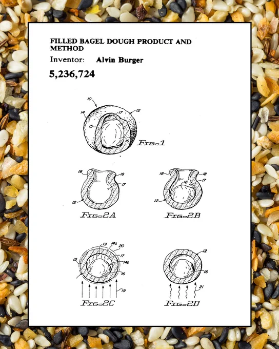 Patent diagram for the "filled bagel dough product and method". Inventor: Alvin Burger.