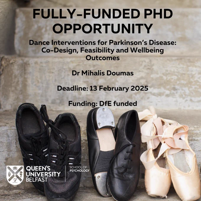 Three pairs of dance shoes—black sneakers, tap shoes, and pink ballet pointe shoes—arranged on a stone floor beneath text about a fully-funded PhD on dance interventions for Parkinson’s disease.